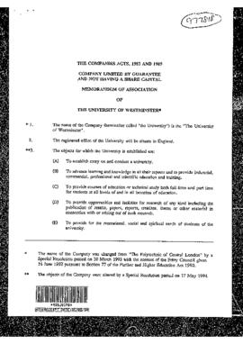 Memorandum and Articles of Association of University of Westminster
